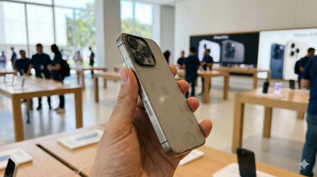手機店員手持舊 iPhone 進行收購估價的特寫鏡頭 / Close-up shot of a store clerk holding a used iPhone for buyback valuation.